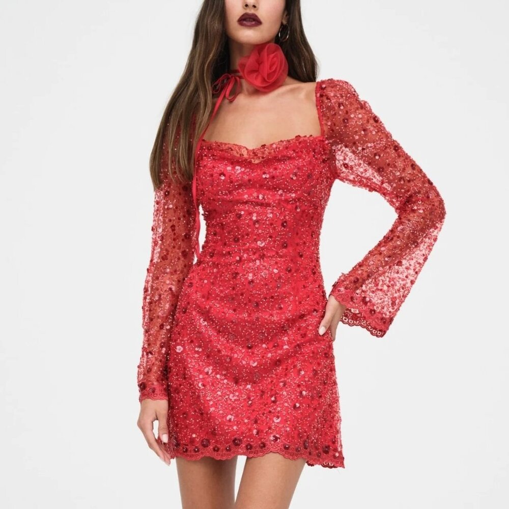 FOR LOVE AND LEMONS GWENDOLYIN RED SEQUIN BEADED MINI DRESS SIZE S